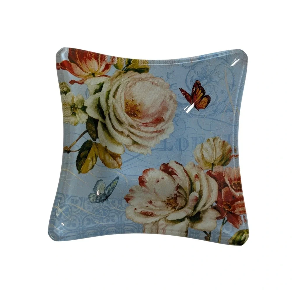 Set of 3 Lisa Audit Glass Trinket‎ Dishes Floral Bird Butterfly Square Blue